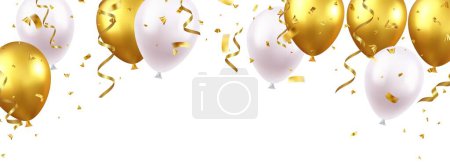 Téléchargez les photos : Fête de célébration bannière avec des ballons de couleur et fond de confettis. Grande carte d'ouverture de luxe salutation riche. élément de décoration pour la célébration du jour de naissance conception de la carte de vœux. Illustration vectorielle - en image libre de droit