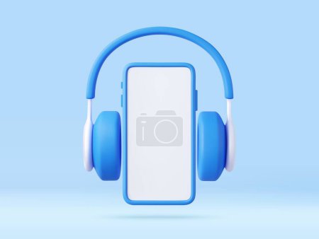 Téléchargez les illustrations : Casque portable 3d avec téléphone. écouter de la musique via l'application. Conception de bannière concept pour le service de streaming de musique. Rendement 3D. Illustration vectorielle - en licence libre de droit