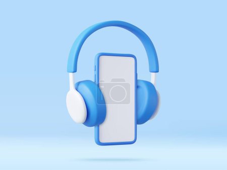 Illustration for 3d Portable headphones with phone. listening to music through the app. Concept banner design for music streaming service. 3d rendering. Vector illustration - Royalty Free Image