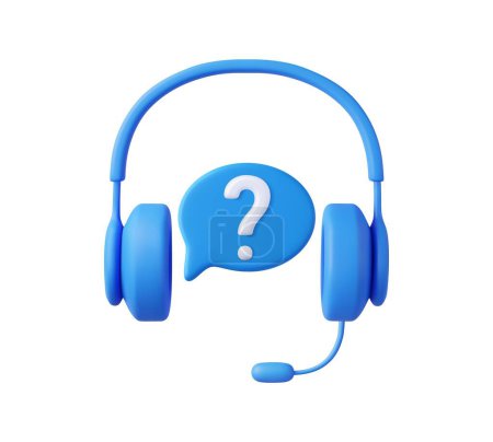 Illustration for 3D Call center. Headphones with speech bubble message with question mark. Online customer support. FAQ concept. Chatbot for asking help. 3d rendering. Vector illustration - Royalty Free Image