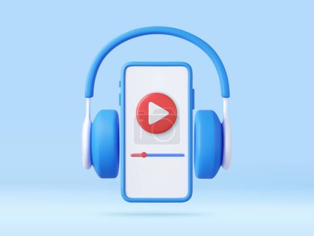 Ilustración de Auriculares 3d y Smartphone. escuchar música a través de la aplicación. Concepto para música online, radio, escuchar podcasts, libros a todo volumen. renderizado 3d. Ilustración vectorial - Imagen libre de derechos