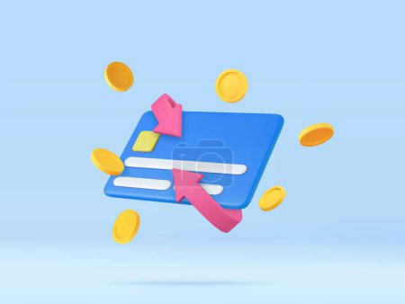 Illustration for 3d Cash back credit card with Arrow icon and coins. Credit or debit card refund money, online payment, Money-saving, money transfer, coins. 3d rendering. Vector illustration - Royalty Free Image