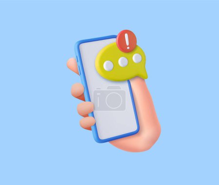 Ilustración de Burbujas de voz 3D en el teléfono móvil con aviso de alerta. usuario respuesta signo falso, correcto, problema, mensaje de chat de error en las redes sociales. renderizado 3d. Ilustración vectorial - Imagen libre de derechos