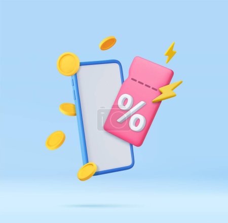 Illustration for 3d Phone with coupon with flash and gold coins fly. For big sales and profitable online purchases. Premium special price offers sale coupon , online shopping. 3d rendering. Vector illustration - Royalty Free Image