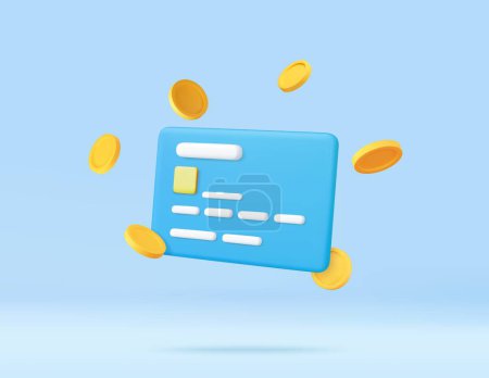 Illustration for 3d Credit card, floating coins around. online payments credit or debit card concept. money transfer. Financial transactions. 3d rendering. Vector illustration. - Royalty Free Image