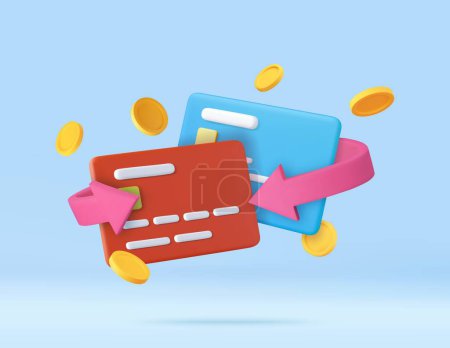 Illustration for 3d Cash back credit card with Arrow icon and coins. Credit or debit card refund money, online payment, Money-saving, money transfer, coins. 3d rendering. Vector illustration - Royalty Free Image