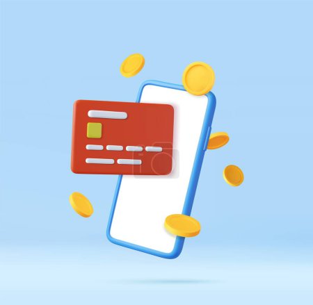 Ilustración de Teléfono móvil 3D con tarjeta de crédito y dinero de seguridad financiera para compras en línea. pago en línea seguro con tarjeta de crédito, dinero moneda icono de pago concepto. Representación 3D. Ilustración vectorial - Imagen libre de derechos