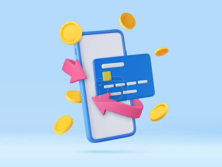 Illustration for 3d smartphone with credit card and bright arrow around and coins. Money back concept. Cashback money for purchases in the online store. 3d rendering. Vector illustration - Royalty Free Image