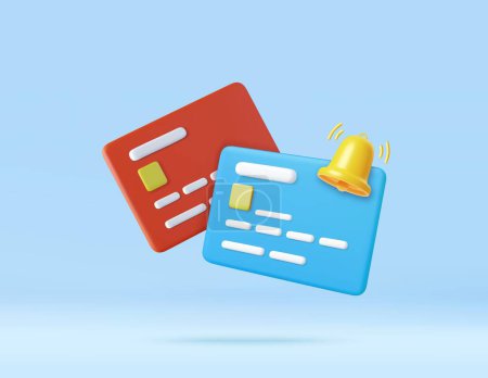 Ilustración de Tarjeta de crédito 3D con icono de notificación de campana, concepto de notificación de pago en línea. dinero seguridad financiera para las compras en línea. renderizado 3d. Ilustración vectorial - Imagen libre de derechos
