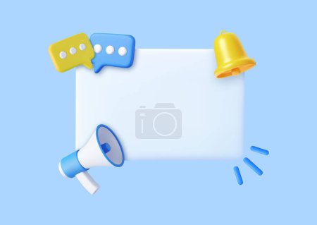 Illustration for 3D Megaphone with speech bubble message and Bell notification. News and loudspeaker. Subscribe and newsletter concept. Social media promotion and announce.3D Rendering. Vector illustration - Royalty Free Image