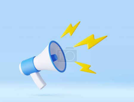 Illustration for 3d megaphone, loudspeaker with lightning.Marketing time concept. social media marketing symbol concept. 3d rendering. Vector illustration - Royalty Free Image