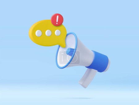 Illustration for 3d Megaphone with messages icon speech bubble. Online marketing with loudspeaker. Comment reply is false, correct, problem, fail notice and announcement. 3d rendering. Vector illustration - Royalty Free Image