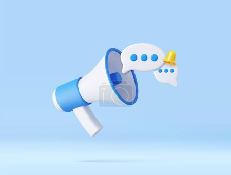 Illustration for 3D Cartoon Megaphone with Bell notification and speech bubble. Marketing time concept. Online news with loudspeaker. Social media promotion. 3d rendering. Vector illustration - Royalty Free Image