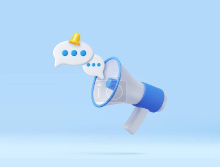 Illustration for 3D Cartoon Megaphone with Bell notification and speech bubble. Marketing time concept. Online news with loudspeaker. Social media promotion. 3d rendering. Vector illustration - Royalty Free Image