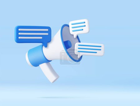 Ilustración de Megáfono 3d con el icono de mensajes. Marketing online con altavoz. Azul y Blanco. Representación 3D. Ilustración vectorial - Imagen libre de derechos