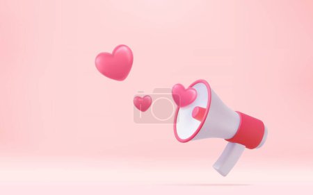 Téléchargez les illustrations : Mégaphone 3d, haut-parleur avec cœurs. Joyeuse Saint Valentin. Concept de temps d'amour, rendu 3D. Illustration vectorielle - en licence libre de droit
