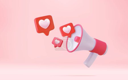 Illustration for 3d megaphone, loudspeaker and speech bubble with hearts. Happy Valentine s Day. Love time concept, 3D Rendering. Vector illustration - Royalty Free Image