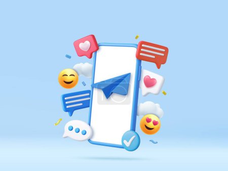 Illustration for 3d mobile phone with social network communication. Social media marketing. Smile emoticon and message concept. 3d rendering. Vector illustration - Royalty Free Image