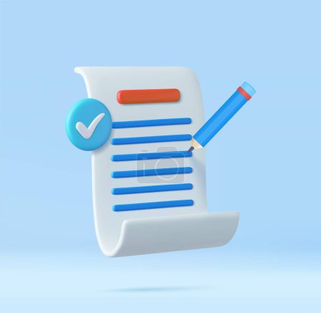 Illustration for 3d White paper task management todo check list, efficient work on project plan, fast summary, assignment and exam. 3D Rendering. Vector illustration - Royalty Free Image