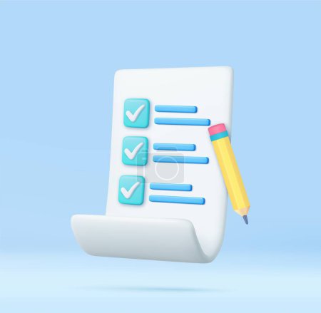 Ilustración de 3d gestión de tareas de papel todo lista de verificación con lápiz, lápiz nota, examen icono de lista de verificación de papel. Representación 3D. Ilustración vectorial - Imagen libre de derechos