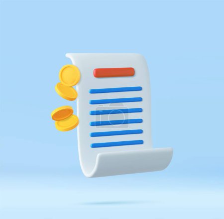 Ilustración de Recepción 3d, factura, icono de la factura. Pago de facturas 3D con moneda y seguridad financiera para compras en línea, pago en línea. Representación 3D. Ilustración vectorial - Imagen libre de derechos