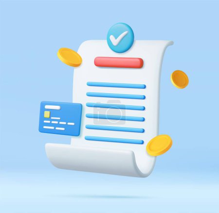 Illustration for 3D bill payment with credit card,check and golden coins, financial for online shopping, bill online payment credit card with payment protection concept. 3D Rendering. Vector illustration - Royalty Free Image