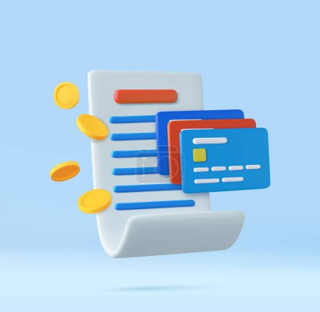 Illustration for 3D bill payment with credit card and golden coins, financial for online shopping, bill online payment credit card with payment protection concept. 3D Rendering. Vector illustration - Royalty Free Image
