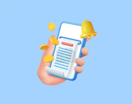 Illustration for 3d hand holding mobile phone banking online payments. Bill on smartphone transaction with money coin. Mobile phone financial alert with bell notification. 3D Rendering. Vector illustration - Royalty Free Image