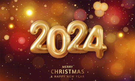 Illustration for 3d Happy New Year 2024. Hanging golden 3D numbers with confetti on a defocused colorful, bokeh background. Vector illustration - Royalty Free Image
