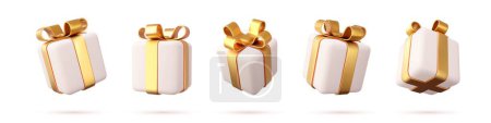 Ilustración de Conjunto de cajas de regalos realistas aisladas sobre un fondo blanco. cinco cajas de regalo con lazos y cintas. Regalos de decoración navideña. Sorpresa de regalo festivo. renderizado 3d. Ilustración vectorial - Imagen libre de derechos