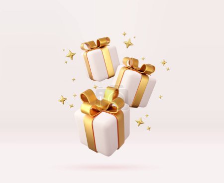 Ilustración de 3d cajas de regalo blancas con cinta dorada y lazo. Concepto de celebración de cumpleaños. Feliz Año Nuevo y Feliz Navidad cajas de regalo blancas con lazos de oro. renderizado 3d. Ilustración vectorial - Imagen libre de derechos