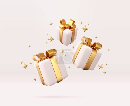 Illustration for 3d white gift boxes with golden ribbon and bow. Birthday celebration concept. Merry New Year and Merry Christmas white gift boxes with golden bows. 3d rendering. Vector illustration - Royalty Free Image