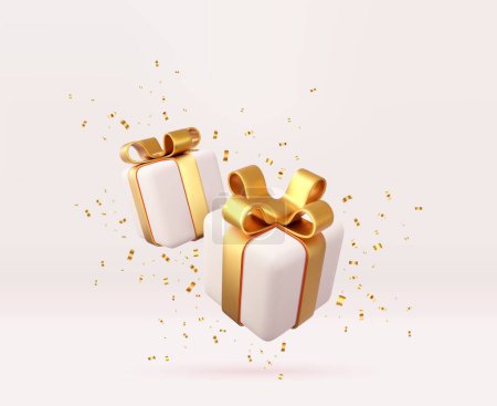 Illustration for 3d white gift boxes with golden ribbon and bow. Birthday celebration concept. Merry New Year and Merry Christmas white gift boxes with golden bows. 3d rendering. Vector illustration - Royalty Free Image