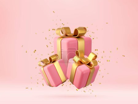 Ilustración de 3d rosa cajas de regalo con cinta dorada y lazo. Concepto de celebración de cumpleaños. Feliz Año Nuevo y Feliz Navidad cajas de regalo de color rosa con lazos de oro. renderizado 3d. Ilustración vectorial - Imagen libre de derechos