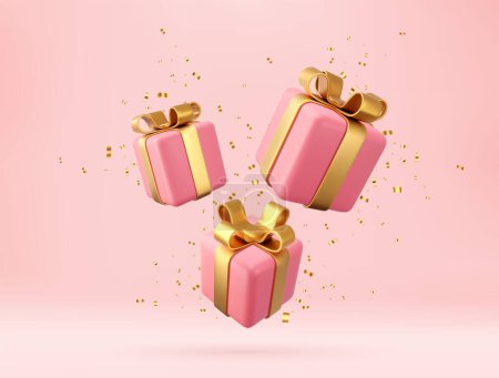 Illustration for 3d pink gift boxes with golden ribbon and bow. Birthday celebration concept. Merry New Year and Merry Christmas pink gift boxes with golden bows. 3d rendering. Vector illustration - Royalty Free Image
