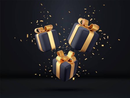 Téléchargez les illustrations : Coffrets cadeaux noirs 3d avec ruban doré et arc. Concept de célébration d'anniversaire. Joyeux Nouvel An et Joyeux Noël boîtes-cadeaux noires avec des arcs d'or. Rendement 3D. Illustration vectorielle - en licence libre de droit
