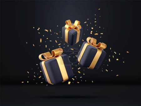Illustration for 3d black gift boxes with golden ribbon and bow. Birthday celebration concept. Merry New Year and Merry Christmas black gift boxes with golden bows. 3d rendering. Vector illustration - Royalty Free Image