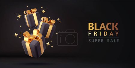 Illustration for 3d Black Friday sale background. Dark gift box with gold confetti. New Year and Christmas design. Xmas decorative surprise object. 3d rendering. Vector illustration - Royalty Free Image