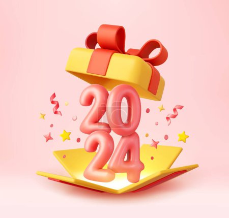Illustration for 3d Happy New Year 2024. Open gifts box number sign 2024. Merry Christmas Background. Xmas sale present. 3d rendering. Vector illustration - Royalty Free Image