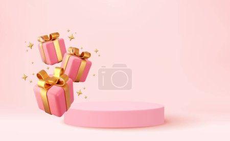 Illustration for 3d Christmas style Product podium scene with flying falling white gift box with gold bow. Merry Christmas and New Year festive banner design, greeting card. 3d rendering. Vector illustration - Royalty Free Image