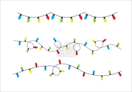 Illustration for Christmas color lights isolated on white background. Bright colored garland lights decoration. Glowing bulb for xmas cards, banners, posters, web. Design elements. Vector illustration. - Royalty Free Image