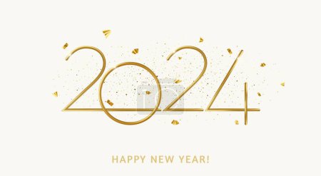 Illustration for Happy new year 2024 design with shiny golden numerals with falling confetti. 2024 Golden 3d realistic number. Vector illustration - Royalty Free Image