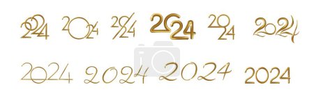 Illustration for Set of 2024 New Year gold numbers for greeting cards, banners or posters vector illustration. Different 2024 golden numbers templates with glow light effect. Vector illustration - Royalty Free Image