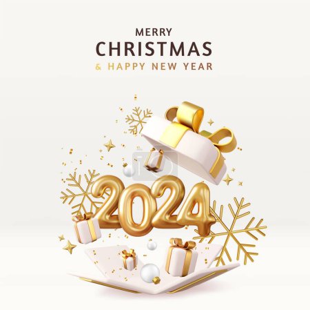 Téléchargez les photos : Carte de voeux Noël et Nouvel An 2024 avec boîte cadeau ouverte avec numéros, boules, boîtes cadeaux, confettis, rubans et flocons de neige. Rendement 3D. Illustration vectorielle - en image libre de droit