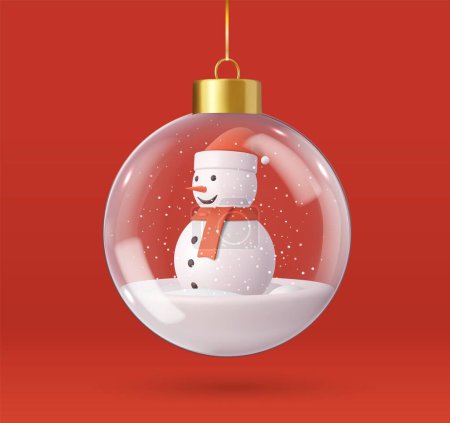 Téléchargez les photos : 3d Joyeux Noël et bonne année. Boule de Noël transparente avec bonhomme de neige et flocons de neige. Conception décorative de Noël. Rendement 3D. Illustration vectorielle - en image libre de droit
