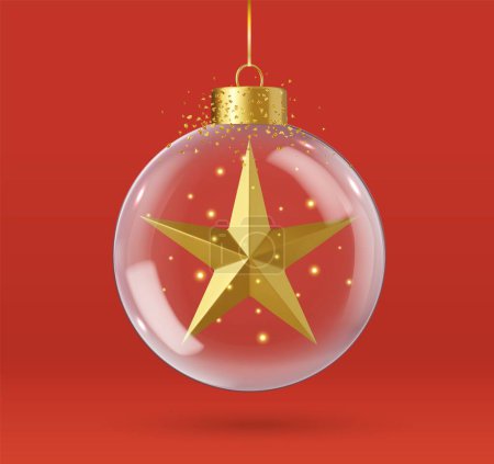 Téléchargez les photos : 3d boules de Noël en verre réaliste. Décoration de Noël 3d, sphère en cristal transparent avec des paillettes de confettis dorés et étoile. Rendement 3D. Illustration vectorielle - en image libre de droit