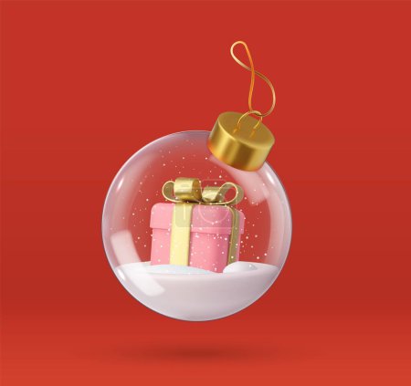 Téléchargez les photos : 3d Joyeux Noël et bonne année. Ornements de Noël en verre boules transparentes avec boîte cadeau. Rendement 3D. Illustration vectorielle - en image libre de droit