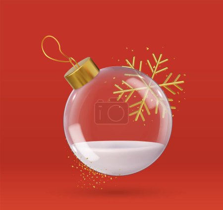 Téléchargez les photos : 3d boules de Noël en verre réaliste. Décoration de Noël 3d, sphère transparente en cristal avec des paillettes de confettis dorés. Rendement 3D. Illustration vectorielle - en image libre de droit