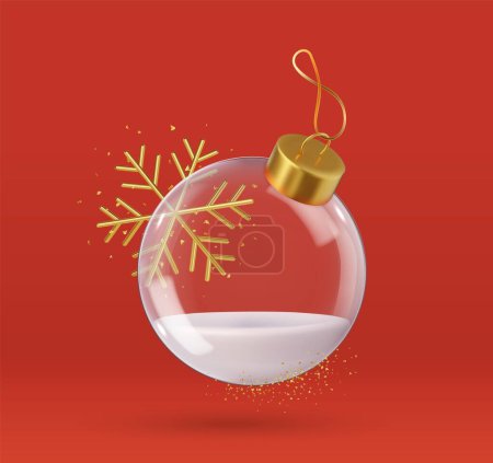 Téléchargez les illustrations : 3d boules de Noël en verre réaliste. Décoration de Noël 3d, sphère transparente en cristal avec des paillettes de confettis dorés. Rendement 3D. Illustration vectorielle - en licence libre de droit
