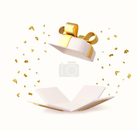 Illustration for 3d Surprise open Gift Box With Falling Confetti. Present box as prize concept. Christmas and New Year s surprise. Present box for birthday. 3d rendering. Vector illustration - Royalty Free Image